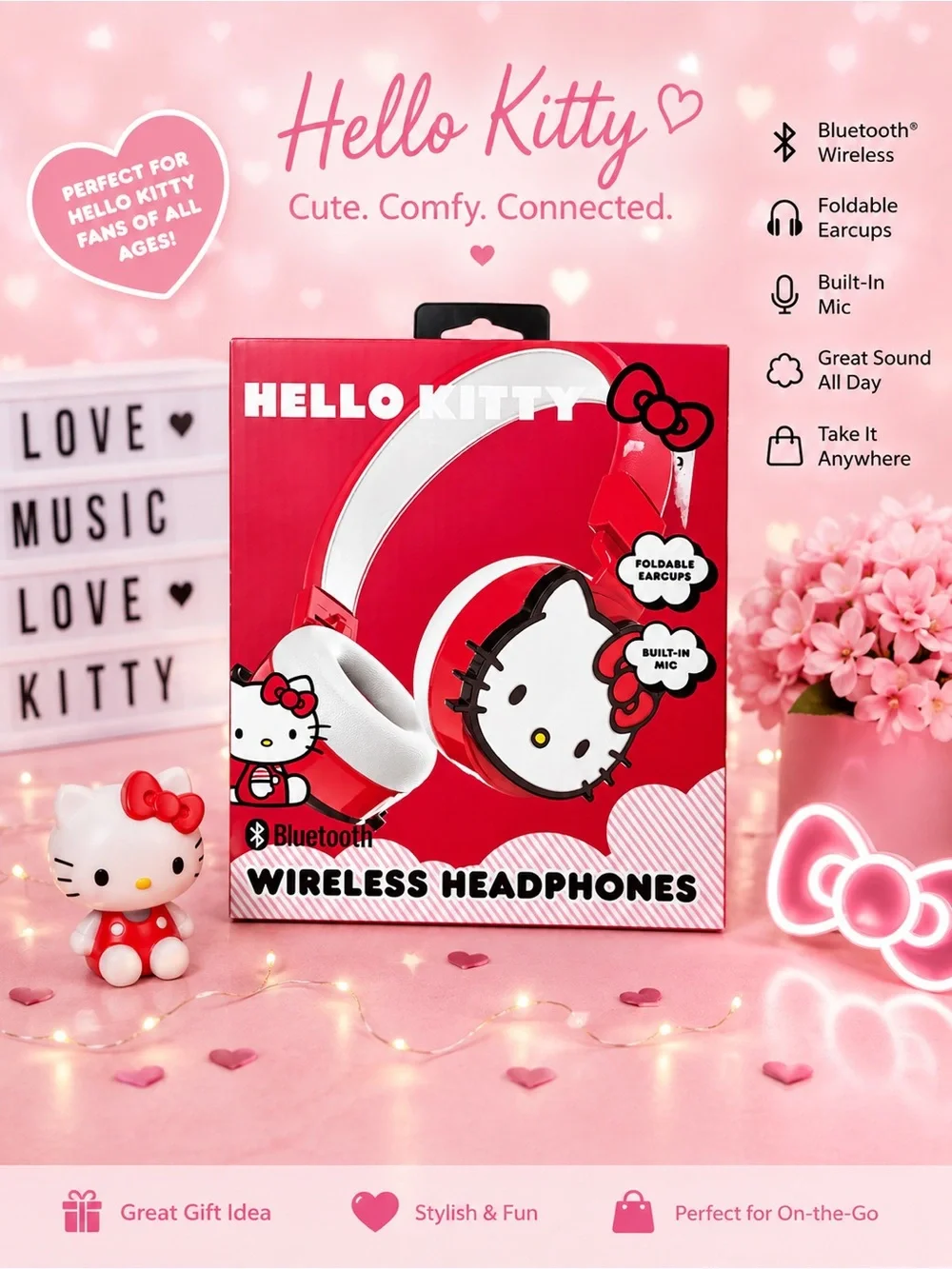 Hello Kitty Bluetooth Headphones in White and Red